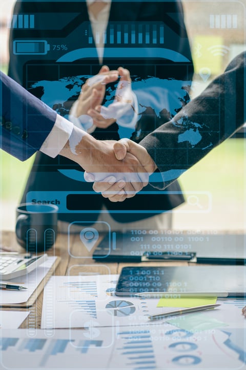 Client Centric Solution_represented by shaking hands and a digital map overlay
