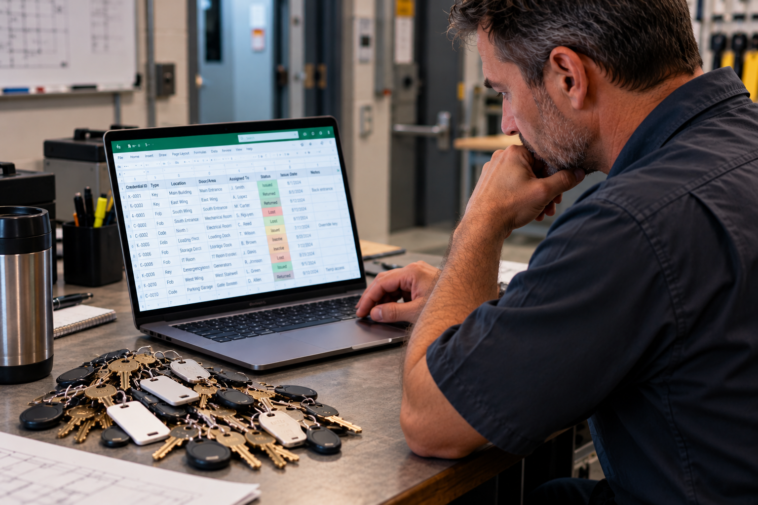 Facilities manager at laptop adding key control info to the company's physical credentials trackign spreadsheet on the laptop on his desk next to a pile of keys and door key fobs