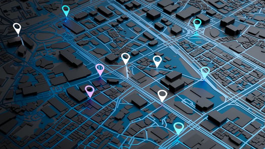 Map of location pins on a digital map to represent Multi Location Management 