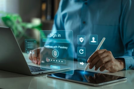 Login screen and business person on laptop for SSO Integration