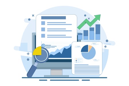 magnifying glass and report type graphics to represent Trend Reporting capabilities