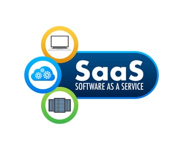 SaaS graphic with text and computer, gears in a cloud and server racks