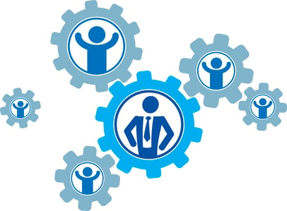 graphic of gears with happy customers