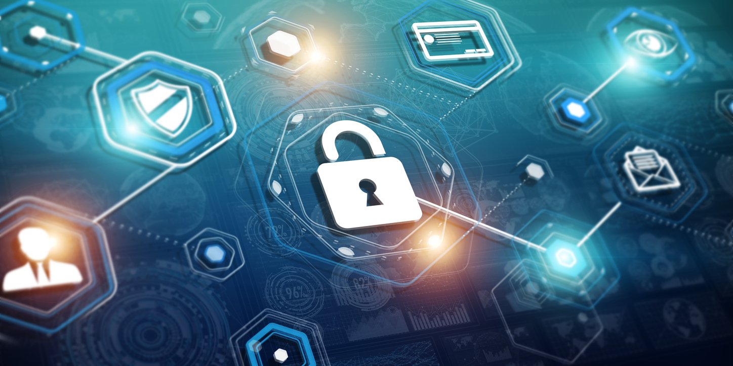graphic of lock with layers of other physical security credentials and data dashboards graphic of lock with layers of other physical security credentials and data dashboards